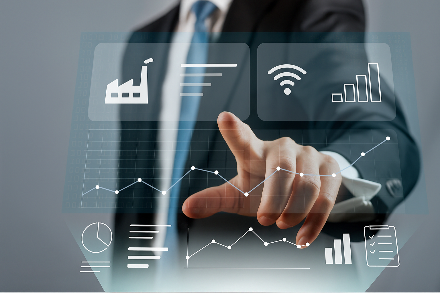 Executivo interagindo com interface digital de automação industrial